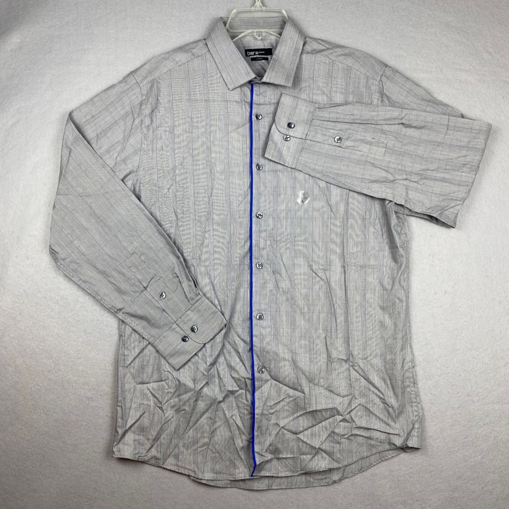 Bar III Slim Fit Mens Grey Blue Striped Stretch Dress Shirt 16 32-33 L - Picture 2 of 8